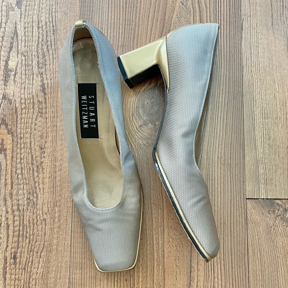 Stuart Weitzman vintage stack heels, beige textured cloth, gold accents, size 7